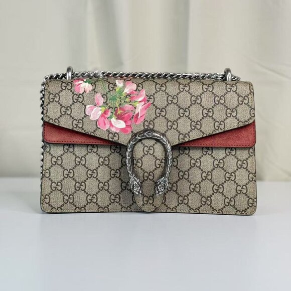Gucci GG Logo Supreme Medium Dionysus Shoulder Bag with Floral Accent and Red Tr - Picture 2 of 11